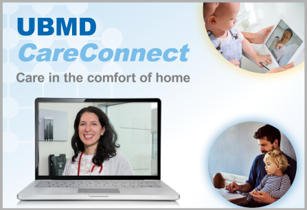 UBMD CareConnect Photo promoting UBMD Pediatrics' new telehealth services. 